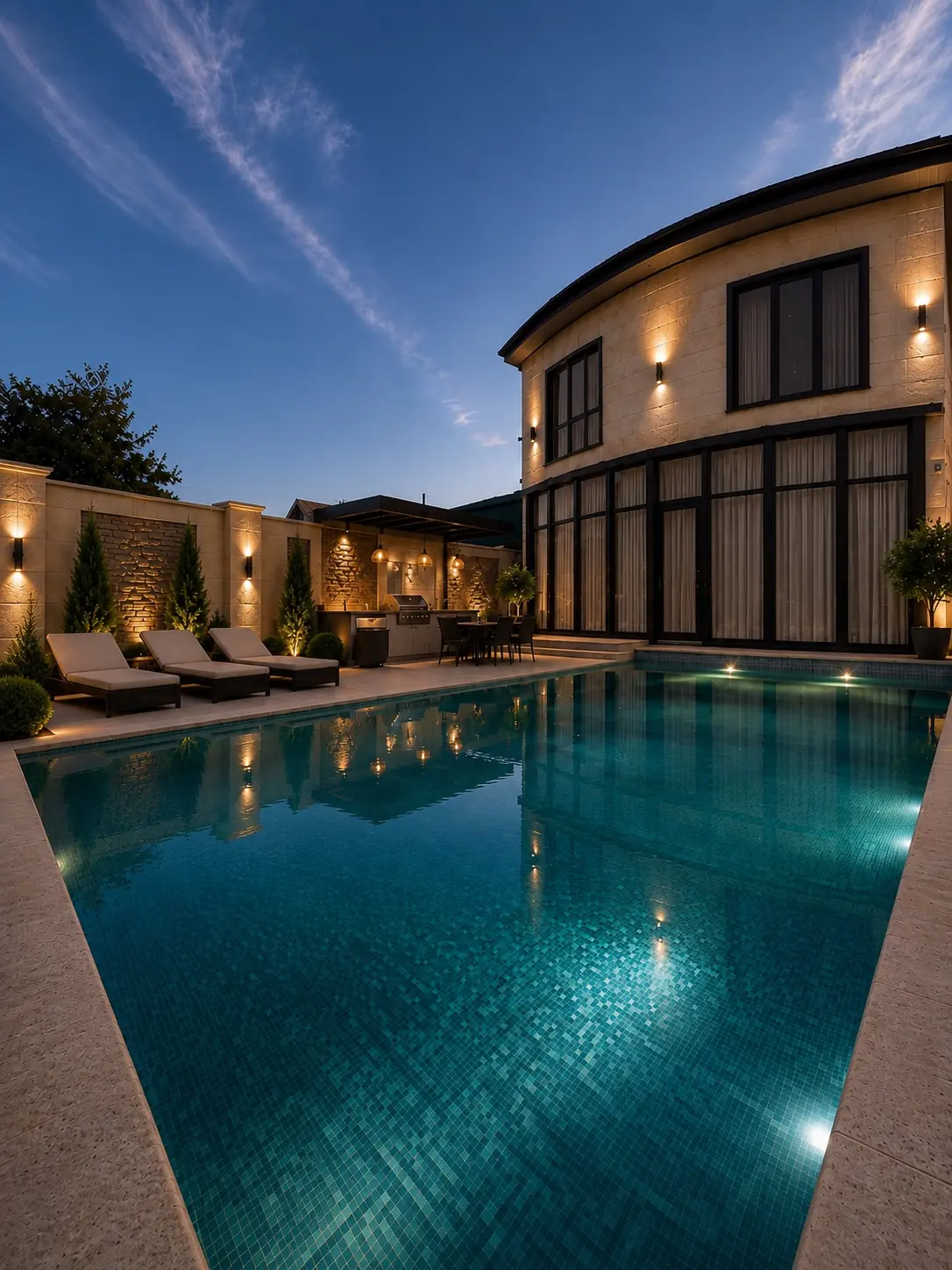 Patio exterior con piscina e iluminación arquitectónica